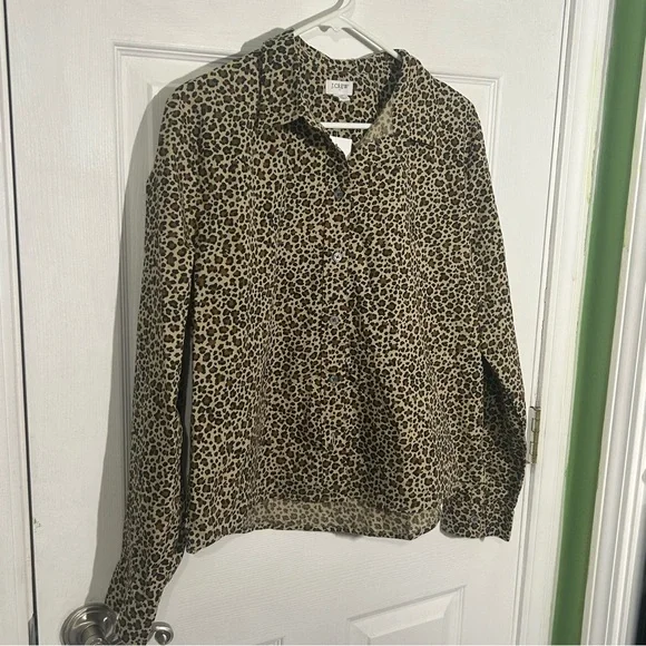 J Crew Leopard modern collared button-up shirt Size Large Brown Animal Print NWT - Picture 3 of 14